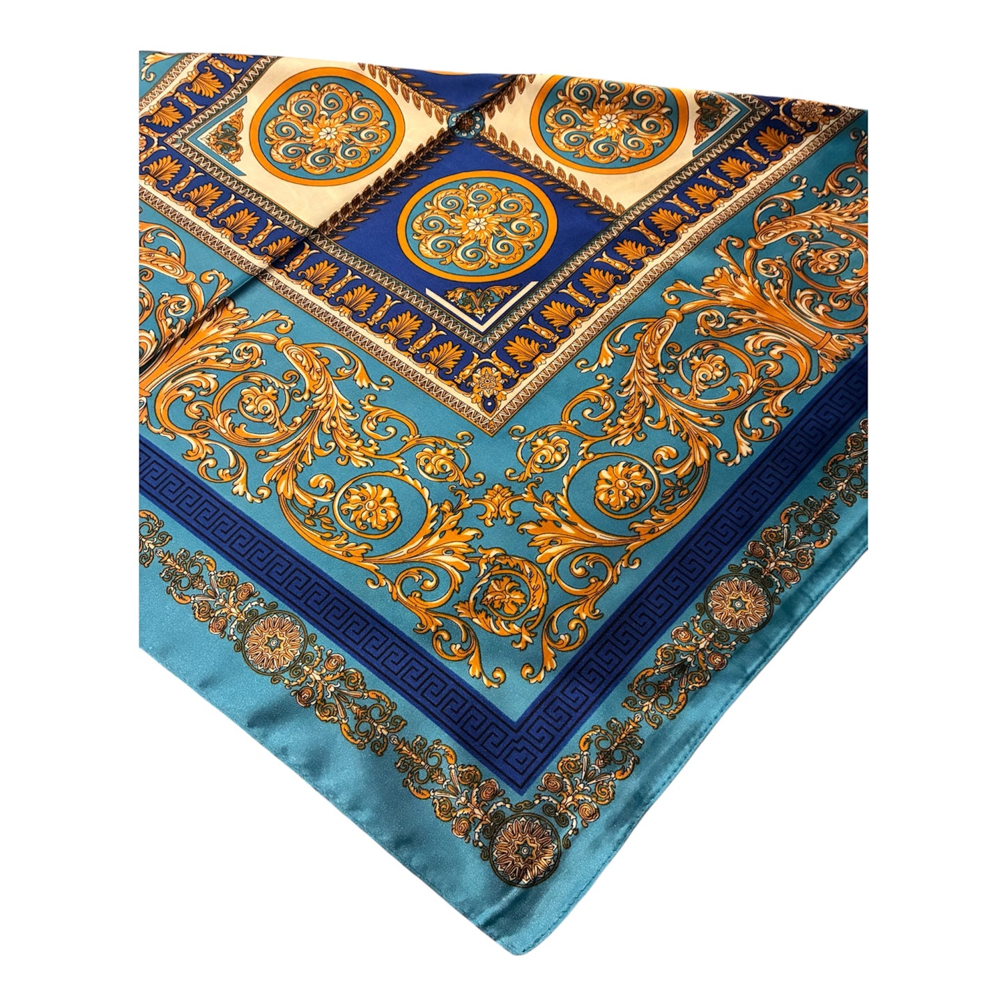 ✨ Foulard satiné bleu méli-mélo aux détails dorés✨
