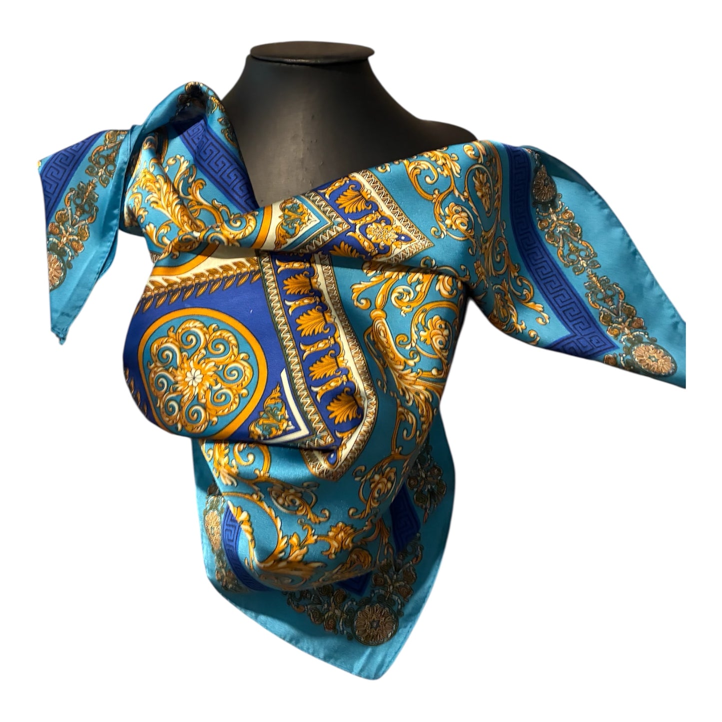✨ Foulard satiné bleu méli-mélo aux détails dorés✨