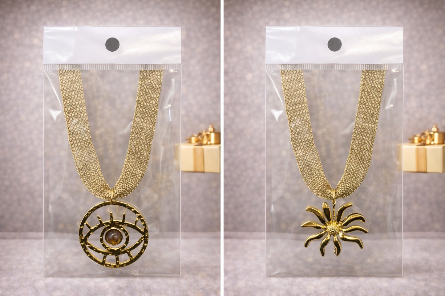 ✨ Collier maille dorée – Pendentif œil & soleil ✨